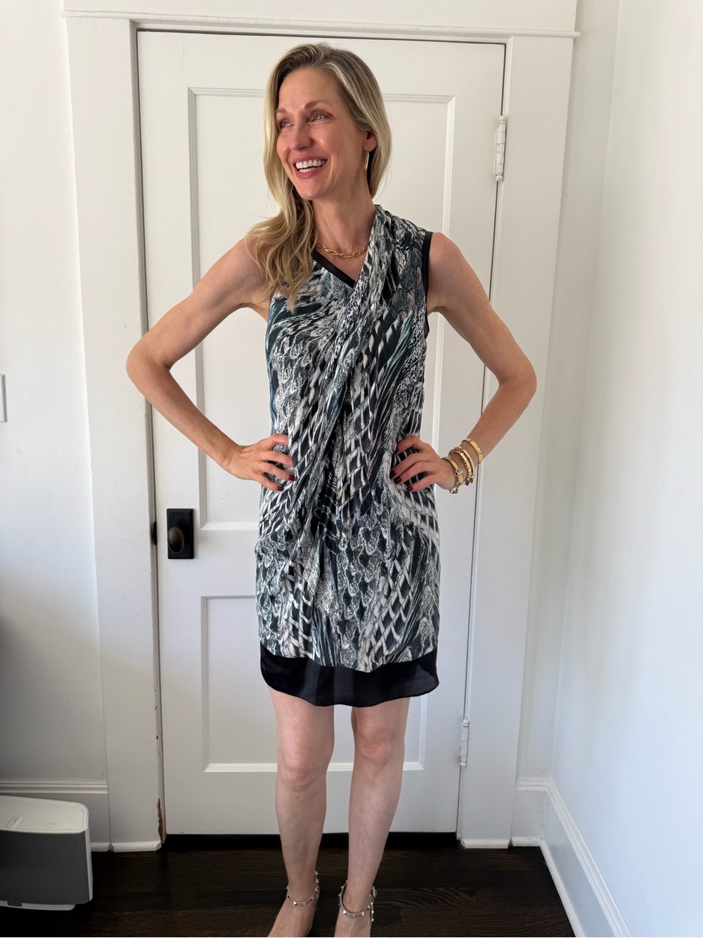 Helmut Lang Black & Gray Patterned Draped Mini Dress